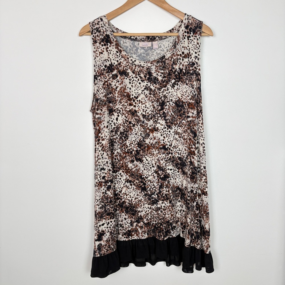 LOGO Layers Womens Animal Print Ruffle Hem Tunic Tank Top 1X Brown Stretch Boho